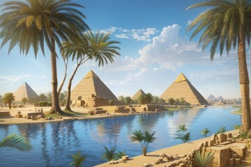 ancient civilized Egypt with the pyramid of Giza and nile flowing Nile riverfront around it - obrazy, fototapety, plakaty