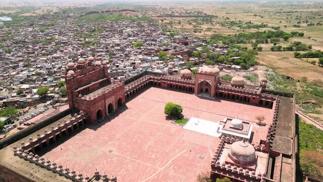 Fatehpur Sikri, India: Aerial view of Buland Darwaza (Victory Gate) and Jama Masjid mosque in historic town in Uttar Pradesh - landscape panorama of South Asia from above