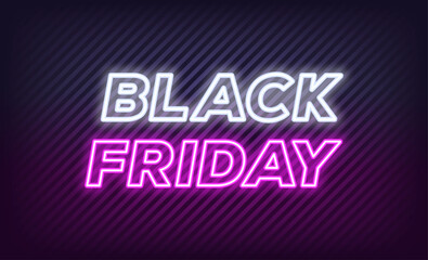 Neon Black Friday Sale, banner design. Outline neon italic text Black Friday on textured background. White purple text template for animation, digital ad, social media banners. Vector illustration