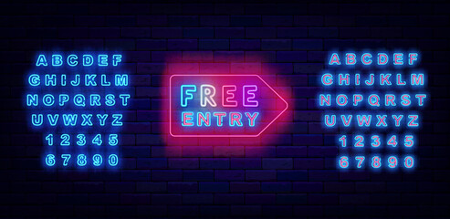 Free entry neon emblem. Unpaid entrance for club. Arrow frame. Colorful handwritten text. Vector stock illustration