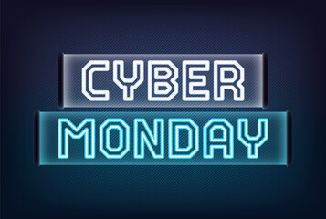 Neon Cyber Monday banner design. Outline white blue neon text Cyber Monday on translucent signboard. Text title template for animation, digital ad and social media banners. Vector illustration