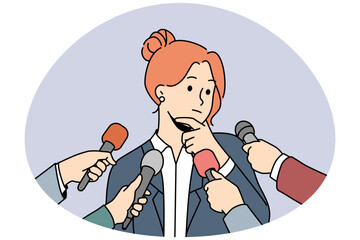 Pensive female politician thinking talking with reporters or journalists. Woman speaker have interview speak in microphones at conference. Vector illustration. - obrazy, fototapety, plakaty
