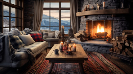 A cozy winter cabin living room with a stone fireplace, plaid blankets, and snow-covered mountain views - obrazy, fototapety, plakaty