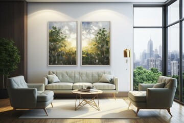 Contemporary artwork in cozy living room overlooking beautiful scene. Generative AI