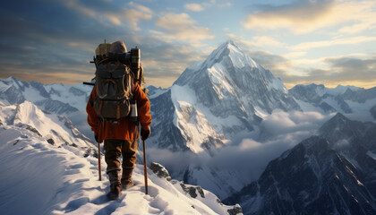 Tourist man hiker standing on top of the mountains, Above the clouds, believe how beautiful this is