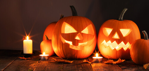 Group of Halloween Pumpkins and candles - 655164852