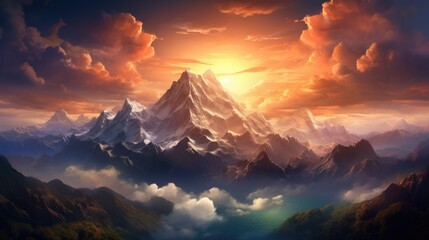 A majestic mountain range at sunrise or sunset - generative AI
