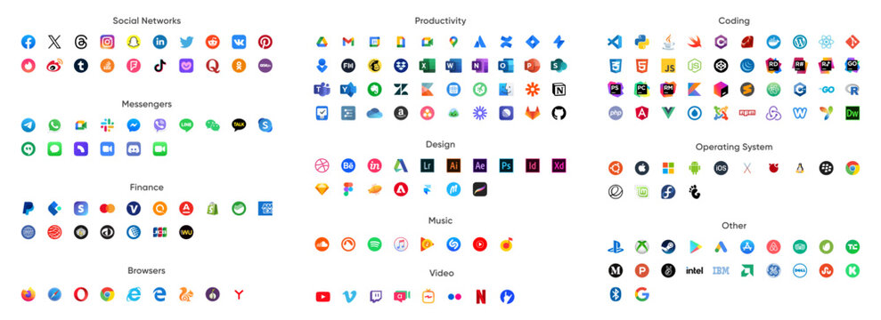 Big Icons Collection. Social Media, Messengers, Finance, Browsers, Productivity, Design, Music, Video, Coding, Operating System Vector Icons set.
