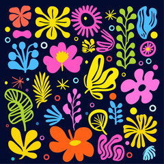 Fototapeta na wymiar Trendy abstract botanical tile matisse style inspiration. Flat doodle naive art print, contemporary organic decorative shapes. Decent minimal vector set