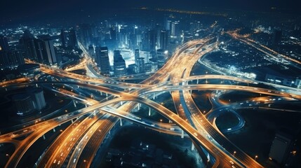 Expressway top view, Road traffic an important infrastructure, car traffic transportation above intersection road in city night, aerial view cityscape of advanced innovation - generative AI - obrazy, fototapety, plakaty