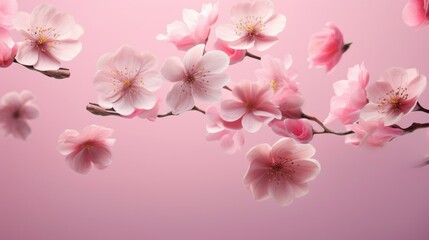 Fototapeta na wymiar Fresh pink flowers falling in the air on pink background, levitation, spring flowers conception - generative AI