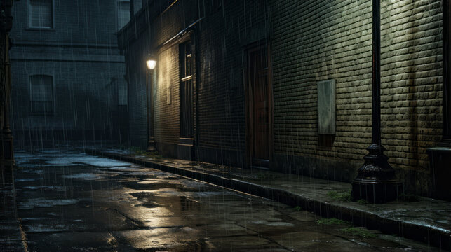 A damp alleyway with a single streetlight, rain dripping off the edges