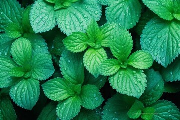 Vibrant and refreshing mint leaves adorned with dewdrops seen from above. Generative AI
