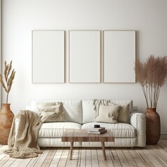 Generative AI image of 3 frames mockup of a Luxury Scandinavian minimalism Livingroom in cream white details 