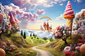 Colorful, sweet, magical landscape filled with ice cream cones. Generative AI