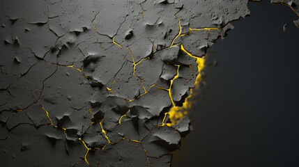 A dark grey wall, with a few patches of light yellow paint visible, and a few small holes - obrazy, fototapety, plakaty