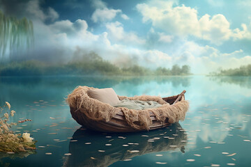 Backdrop for newborn photography with boat. Ai generated image. - obrazy, fototapety, plakaty