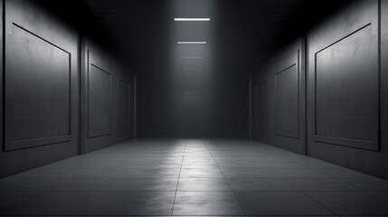 A dark, grey hallway, with a few small lights glowing at the end, and a single door visible in the distance