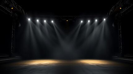 Spotlights illuminate empty stage with dark background - obrazy, fototapety, plakaty