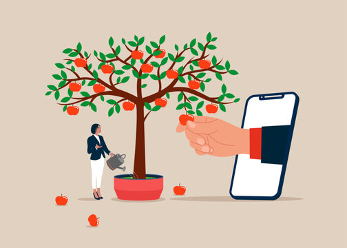 Business people picking apples from tree. Idea, Financial growth. Flat vector illustration