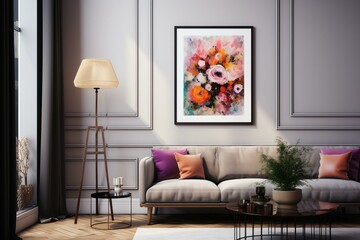 Floral frame in contemporary room. Generative AI