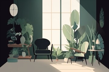 Contemporary room with potted plant and stylish furniture. Illustration. Generative AI