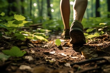 Naturverbundene Schritte: Füße, die durch den Wald wandern - obrazy, fototapety, plakaty