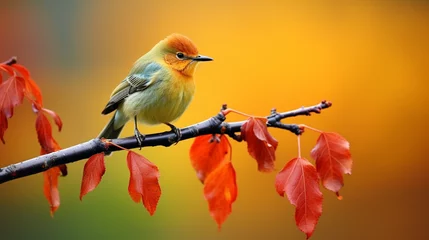 Foto op Canvas 紅葉した木の枝にとまる小鳥 © Albert