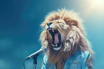 Singing lion on the stage, AI generative art - obrazy, fototapety, plakaty
