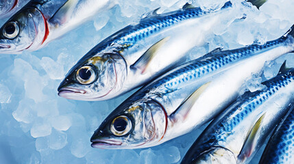Fresh mackerel fish (Scomber scrombrus) on ice. Seafood background. Generative AI - obrazy, fototapety, plakaty