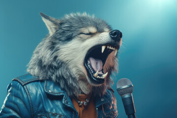 Singing wolf on the stage, AI generative art
