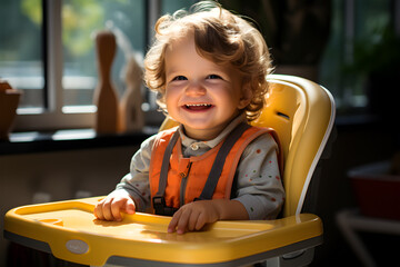 Cute little baby in high chair at home.