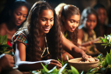 Spiritual Polynesian Kava ceremony featuring indigenous traditions, relaxing ancestral beverage with a communal gathering.