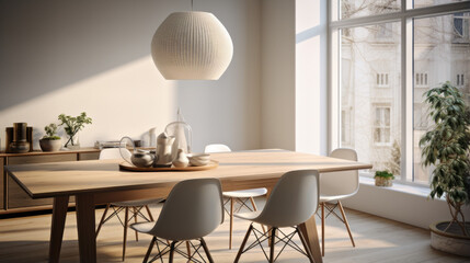 A dining room with a Scandinavian dining table - obrazy, fototapety, plakaty