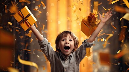 A child holding a gift box with orange and gold streamers falling down, celebrating