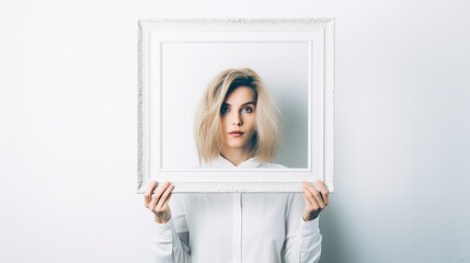 A woman holding up a picture frame white background - obrazy, fototapety, plakaty