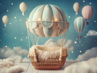 Backdrop for newborn photography with air balloon. Ai generated image.