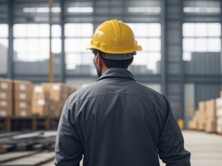 Rear View of Hard Hat-Wearing Man in Warehouse with Industrial Background, Industrial Worker, Blue-Collar Laborer with Industrial Background, Rear View of Man in Hard Hat 