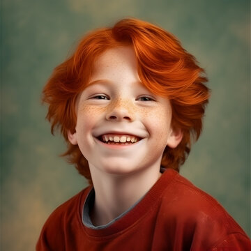 Freckled red-hair boy posing on dark background. Emotions