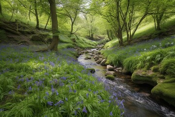 Fototapeta na wymiar Captivating woodland scenery: showcasing the allure of a bluebell meadow, gentle brook, and lush stones using a wide-angle camera and stand. Generative AI