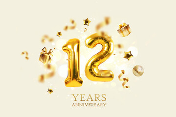 Gold festive balloons 12 year anniversary with golden confetti, presents, mirror ball and stars fly on a beige background with bokeh lights and sparks. Birthday luxury twelve card, a creative idea
