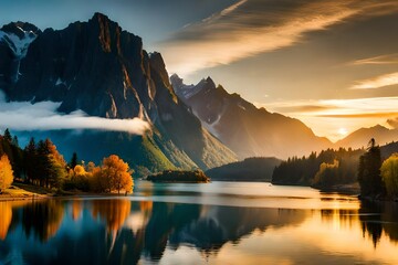 Fototapeta na wymiar Beautiful nature landscape with mountains and lake.AI generated