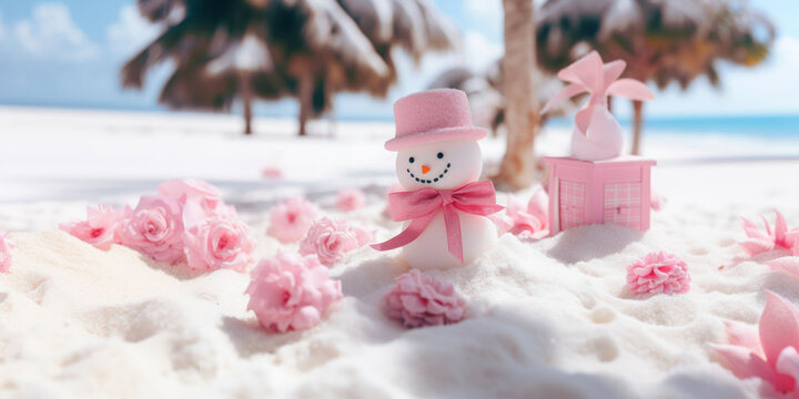 Pink snowman with pink hat surrounded by pink flowers on a white sandy beach by the ocean. Picturesque island, palm trees, blue sky and horizon. Happy New Year and merry Christmas