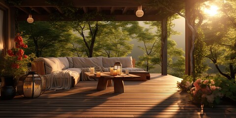 AI Generated. AI Generative. Outdoor nature exterior home house hotel architecture garden with cozy sofa and table. Many plants and flowers at sunset time. Graphic Art - obrazy, fototapety, plakaty