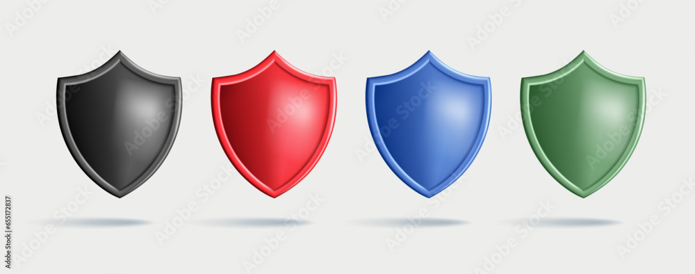 Aufkleber color shields icons collection. 3d vector isolated empty shield label in different colors