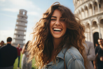 Portrait of young woman with curly hair near Leaning Tower of Pisa, Italy. Happy young tourist posing against the background of the leaning Tower of Pisa, Italy. Famous Leaning Tower of Pisa, Italy.