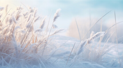 Winter photo background, grass and sky, snowy cold landscape - obrazy, fototapety, plakaty