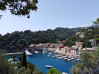 Fototapeta premium Aerial panoramic view of picturesque harbour of Portofino fishing village on the Italian Riviera, Liguria, Italy