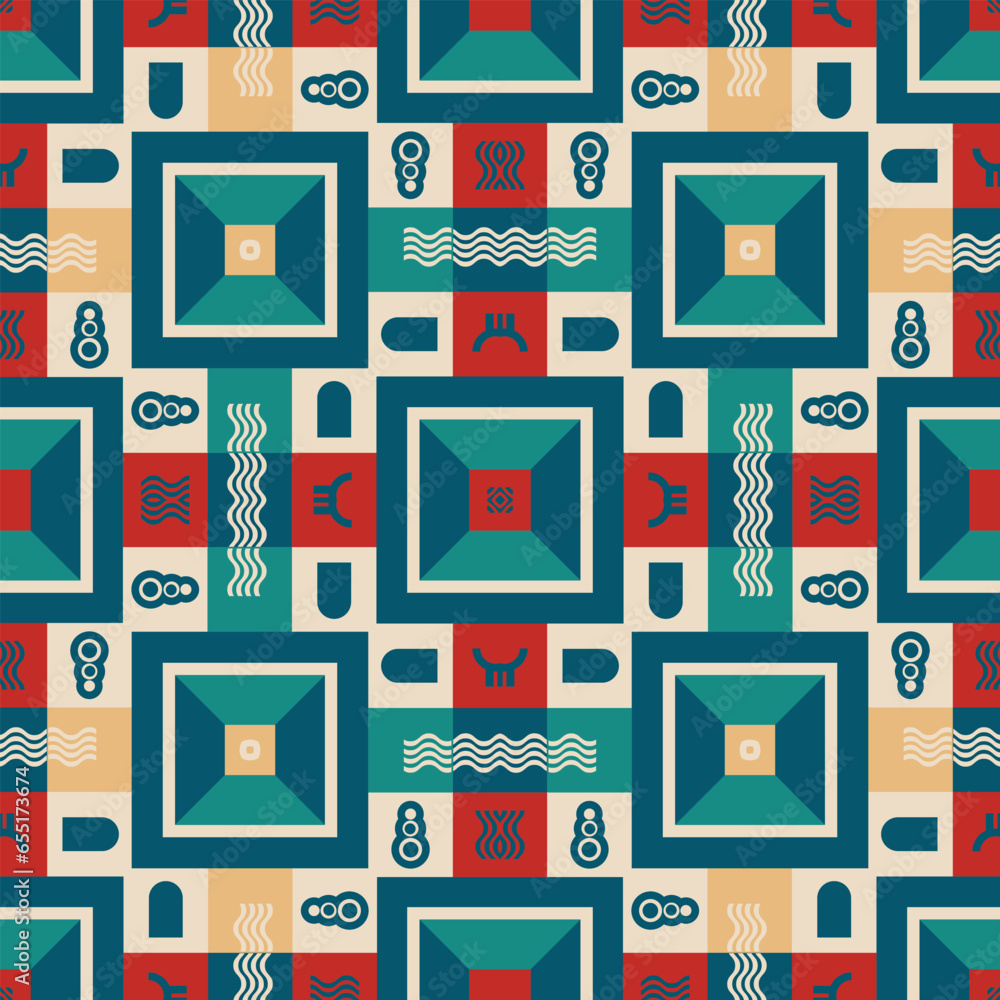 Poster seamless pattern in bauhaus style with decorative squares and simple shapes. vintage palette. vector