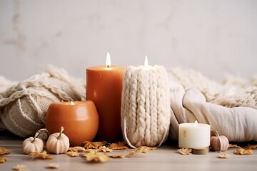 Autumn table decoration. Interior decor for fall holidays with handmade pumpkins and candles. Holiday greeting card, generative ai